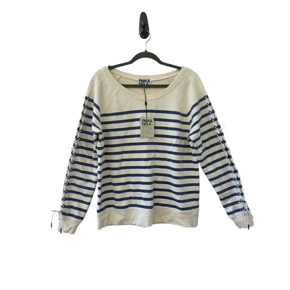 Pam & Gela Striped Lace-Up Sleeve Sweatshirt Women’s Blue & White Size Large